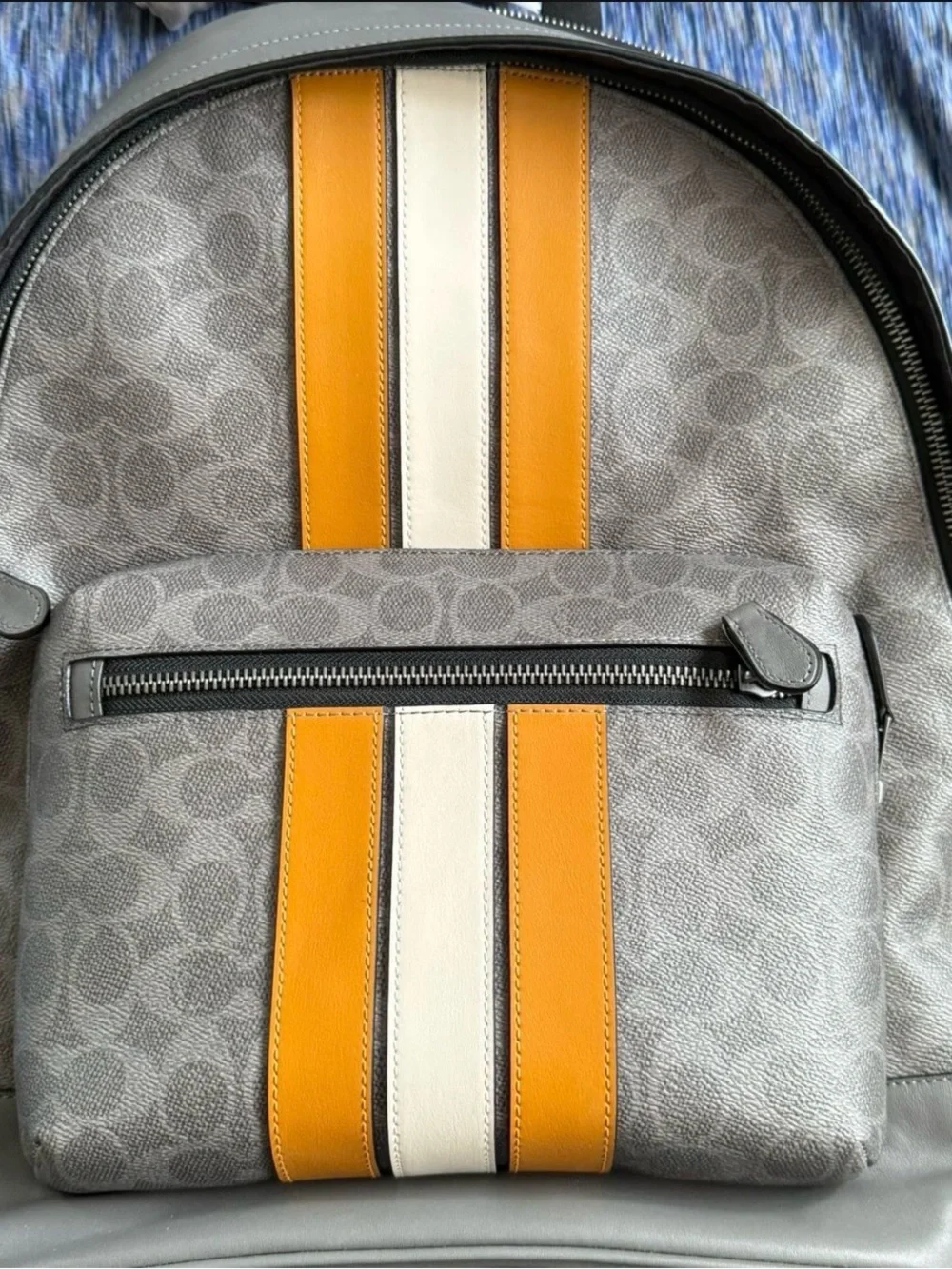 Coach Gray Signature Canvas Backpack with Yellow and Cream Stripes